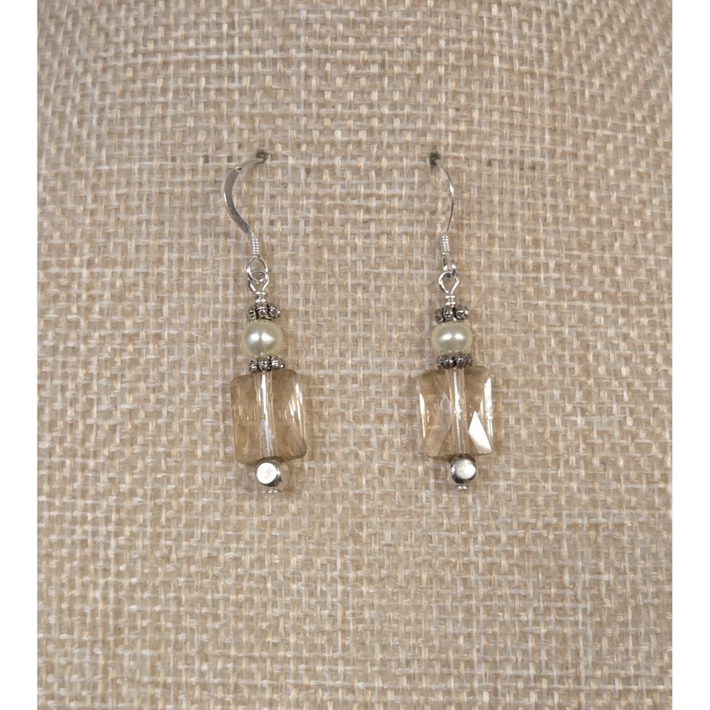 Stunning Vintage Apricot Crystal, Pearl, & Sterling‎ Silver Dangle Earrings